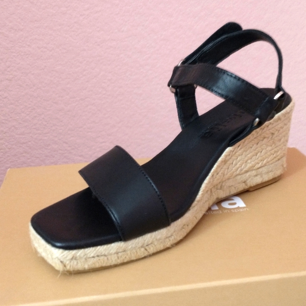 Leather Square Toe Raffia Braided Espadrille Wedges (Size 7.5) by Jutelia